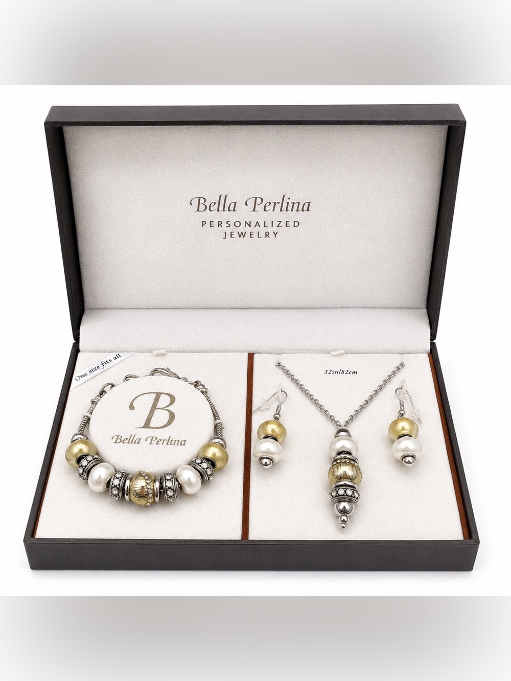 Bella Perlina Jewelry Set Bracelet Necklace Earrings Gold Silver Pearl Gift Box